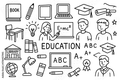 Educational Doodle Icons. Education. Hand-drawn doodle illustration acquiring knowledge books, pencils, laptops, tablets, chairs, desks, blackboards, teachers,