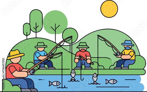 Four Friends Fishing Together by the River on a Sunny Day Vector Illustration