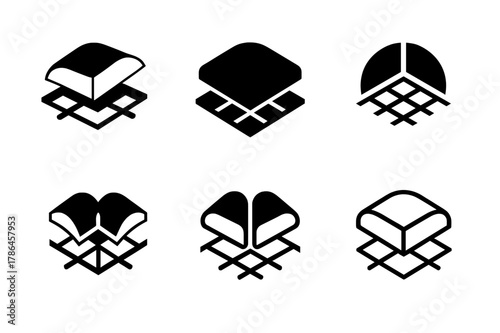 Ceiling Install Art Variations. Ceiling installation diagram. Icon set. Set Logo of Ceiling installation diagram: acoustic insulation batts over