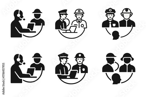 First Responders Icon Set. Police officers and first responders in action. Icon set. Set Logo of police officers and first responders in action: dispatch