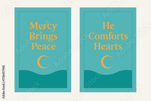Mercy and Calm Banners. Mercy & Calm. Two vertical A6 banners with safe margins, centered composition, no elements touching edges, minimal, turquoise and