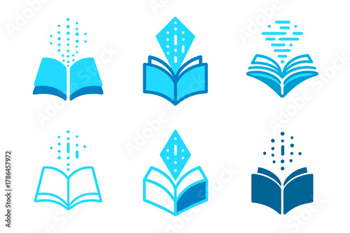 Sci-Fi Book Logos. Science fiction books. Icon set. Set Logo of sci-fi books: digital book with holographic light. harmonious logo variations of the same