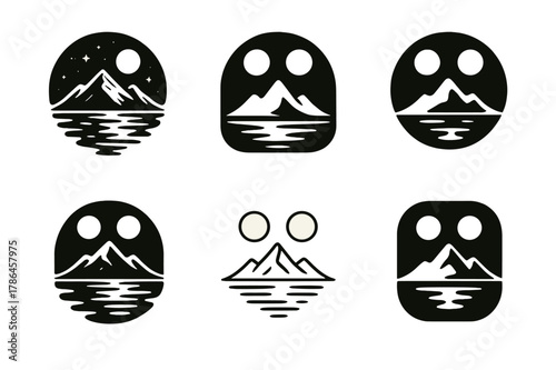 Mystical Landscapes Logos. Mystical landscapes. Icon set. Set Logo of mystical landscapes: mirror lake reflecting twin moons. harmonious logo variations of the