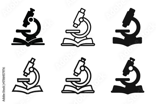 Science Experiment Icons. Teaching science experiments in schools. Icon set. Set Logo of teaching science experiments in schools: microscope with prepared