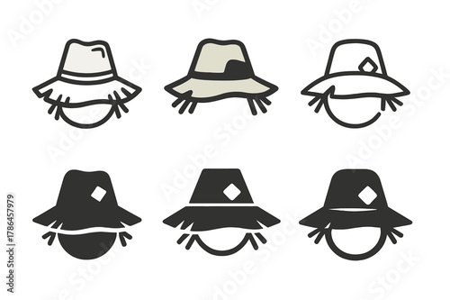 Scarecrow Hat Logos. Scarecrow hat. Set Logo of scarecrow hat: floppy farm hat with patch detail and straw edges. Icon set. harmonious logo variations of the