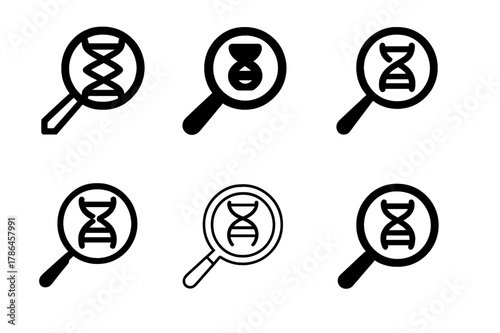 Genetic Logo Icons. Genetic testing in healthcare. Set Logo of Genetic testing in healthcare: magnifying glass over gene strand. Icon set. harmonious logo