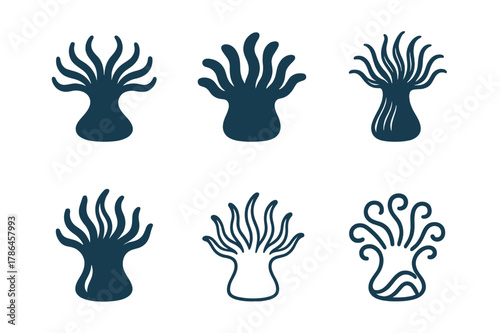 Sea Anemone Logos. Tidal pools and their diverse aquatic life. Set Logo of sea anemone: tentacled bloom waving in current. Icon set. harmonious logo variations