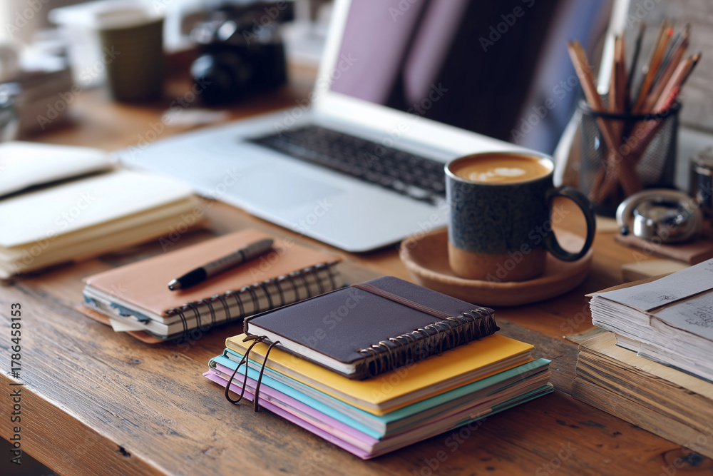 Fototapeta premium A desk with a laptop, a cup of coffee, and several notebooks
