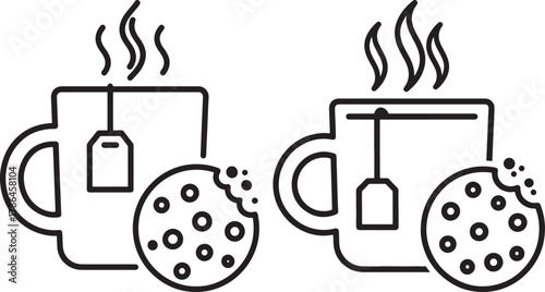 Two steaming cups of tea beside delicious chocolate chip cookies silhouette