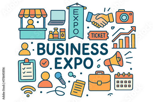 Colorful Business Expo Doodle. Business expo. Hand-drawn doodle illustration of Business expo. Booth, laptop,