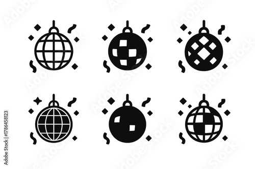 Party Logo Variations. Social gatherings and celebrations. Set Logo of party: disco ball and confetti. Icon set. harmonious logo variations of the same