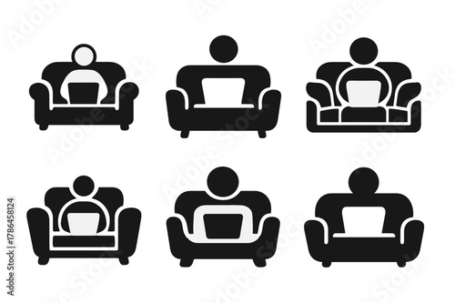 Laptop Couch Logos. Working with a laptop on the couch. Icon set. Set Logo of working with a laptop on the couch: cozy workspace with cushions and laptop.