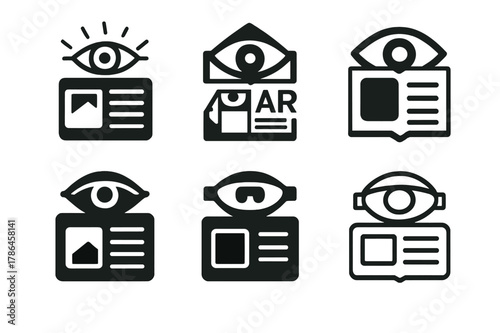 Mass Communication Emblems. Mass communication trends. Icon set. Set Logo of mass communication trends: interactive AR news overlay. harmonious logo variations