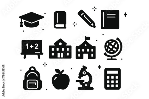 Educational Icons Grid. Education. Solid icons set of Education: graduation cap, book, pencil, notebook, blackboard, school building, globe, ruler, backpack,