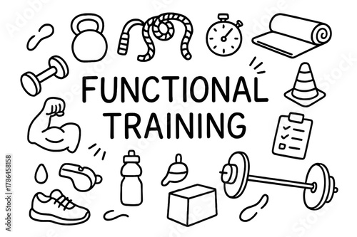 Functional Training Icons. Functional Training. Hand-drawn doodle illustration of Functional Training.