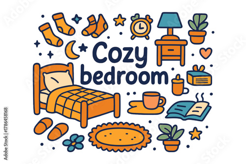 Cozy Bedroom Doodles. Cozy bedroom. Hand-drawn doodle illustration of Cozy bedroom. Bed, blanket, pillow,