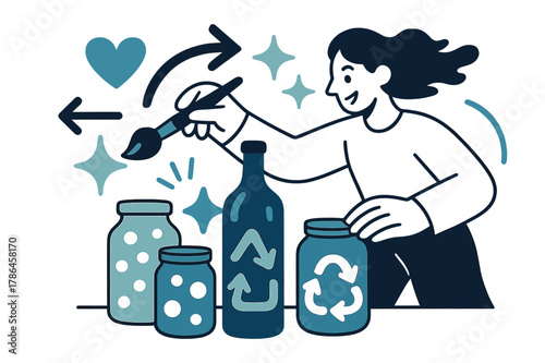 Creative Upcycling Decor. Upcycling and creative reuse of materials. Person decorating home items from discarded jars and bottles with abstract floating icons,