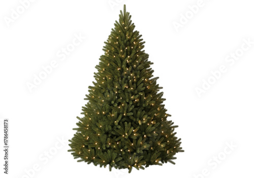 A beautifully decorated christmas tree with warm white lights, isolated on a transparent background