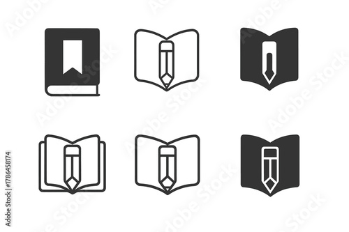 Childhood Literacy Logos. Childhood literacy programs. Set Logo of childhood literacy programs: pencil forming a bookmark ribbon inside a book. Icon set.