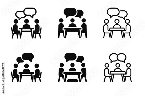 Family Stories Logos. Telling family stories at a gathering. Set Logo of Telling family stories at a gathering: dining table with speech bubbles. Icon set.