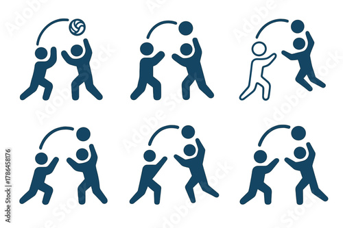 Volleyball Teamwork Logos. A person participating in a team sport like volleyball, showing teamwork. Set Logo of A person participating in a team sport like