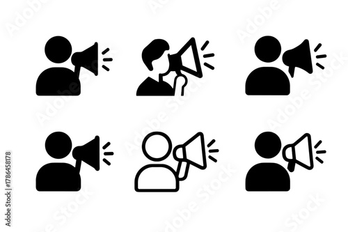Mass Communication Logos. Mass communication trends. Icon set. Set Logo of mass communication trends: influencer marketing megaphone. harmonious logo