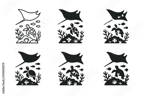 Coral Reef Logos. A vibrant coral reef teeming with colorful fish, sea turtles, and coral formations. Set Logo of A vibrant coral reef teeming with colorful