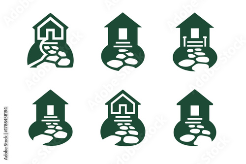 Landscaping Logo Variations. Property landscaping and curb appeal. Set Logo of property landscaping and curb appeal: stone walkway leading to porch steps. Icon