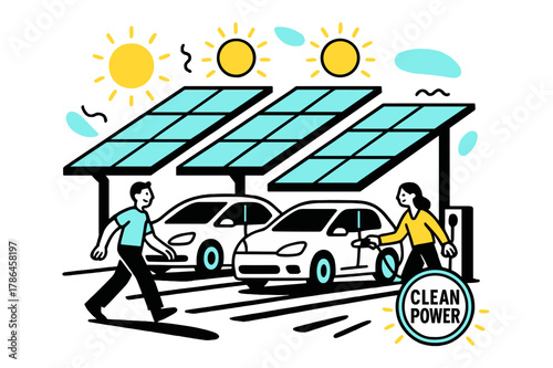 Solar Canopy Parking. Green infrastructure ? Solar canopies over parking. Sun icons pulse above angled panels; drivers plug in while long shadows stripe the