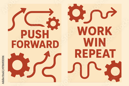 Motivational Banners Design. Push forward. Two vertical A6 banners with safe margins, centered composition, no elements touching edges, flat vector design, red