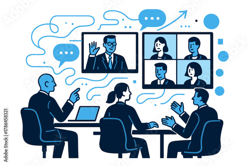 Executive Video Conference. Executive Video Conference. A boardroom scene with large screens showing remote