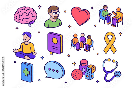 Psychological Well-being Icons. Psychological well-being. Colorful isometric vector icons set of psychological well-being: brain, therapist, heart, counseling