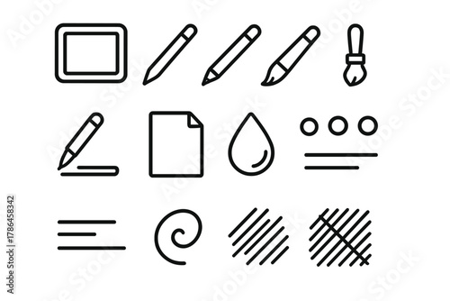 Digital Sketching Icons. Digital sketching. Line outline icon set of digital sketching: tablet, stylus, pencil
