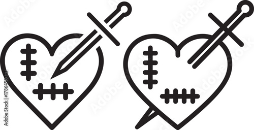 Two stitched hearts pierced by swords silhouette