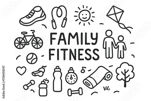 Family Fitness Doodle. Family Fitness. Hand-drawn doodle illustration of Family Fitness Activities. running