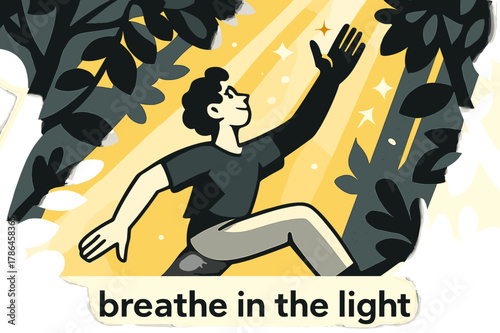 Golden Forest Light. Soft Light Rays ? Through Forest Canopy. Long golden shafts pierce between leaves; floating dust and spark icons shimmer. Caption ?breathe