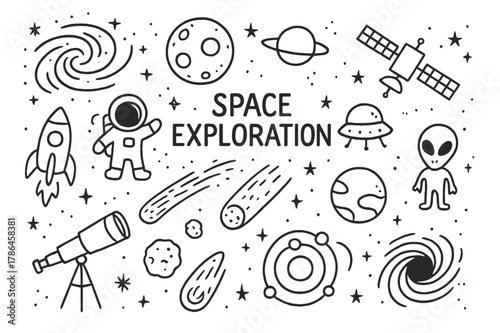 Space Exploration Doodle. Space exploration. Hand-drawn doodle illustration Space exploration [galaxy, planets, stars, rockets, astronauts, aliens, spaceships,