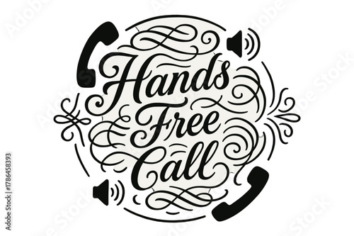 Ornamental Phone Wave Design. Flourish Lettering ? "Hands-Free Call" in classic ornamental flourish lettering, medium-thick swashes resembling sound waves and