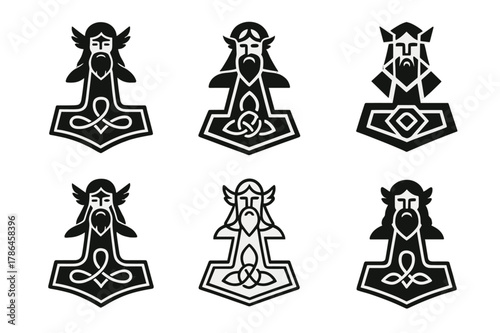 Mythical God Symbols. Ancient gods and goddesses in a mystical landscape. Set Logo of Ancient gods and goddesses in a mystical landscape: Thor Mjolnir hammer.
