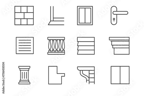 Architectural Icon Set. Architectural Details. Line icon set of Architectural Details: facade texture, corner trim, window frame, door handle, vent cover,