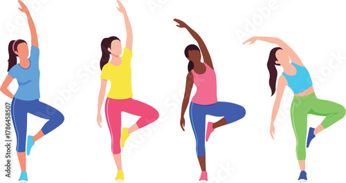 Diverse Group of Women Practicing Yoga Tree Pose and Side Bend for Fitness Illustration