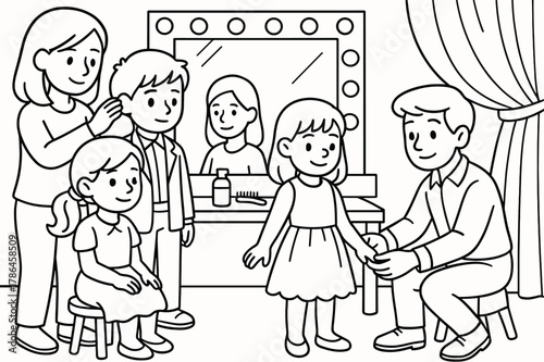 Backstage Prep Coloring. Backstage preparation children?s coloring book illustration, outlined drawing, models