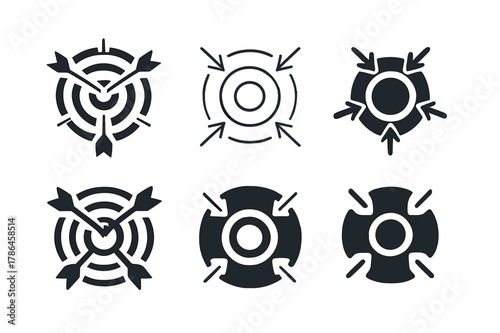 Marketing Logo Designs. Managing marketing teams and campaigns. Set Logo of Managing marketing teams and campaigns: target with collaborative arrows. Icon set.