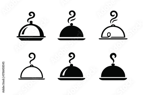 Cloche Service Logos. Private chef and catering services. Set Logo of cloche service: domed cloche with steam swirl. Icon set. harmonious logo variations of