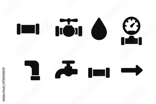 Pipe System Icons. Pipe system. Filled icon set of pipe system: pipes, valve, water droplet, gauge, elbow