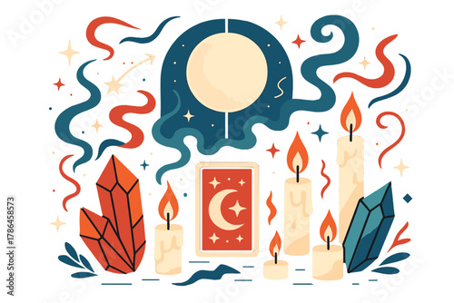 Celestial Altar Scene. Celestial altar. Crystals, candles, and tarot cards arranged under a glowing moon