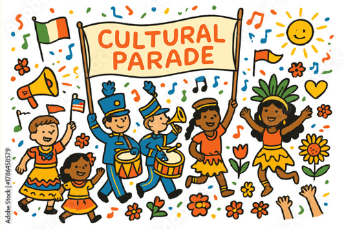 Joyful Cultural Parade. Cultural parade. Colorful Hand-drawn doodle Children illustration Cultural parade flags, drums, costumes, marching band, banners,