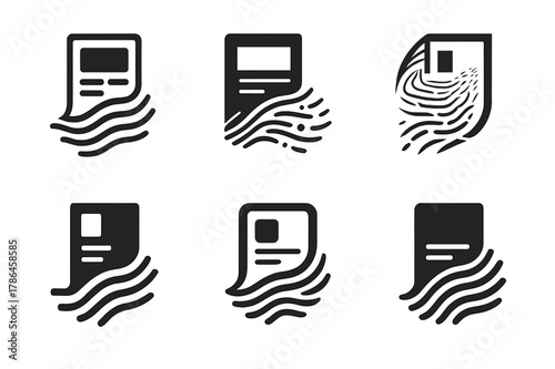 Mass Communication Logos. Mass communication theory. Icon set. Set Logo of mass communication theory: newspaper page blending into data waves. harmonious logo