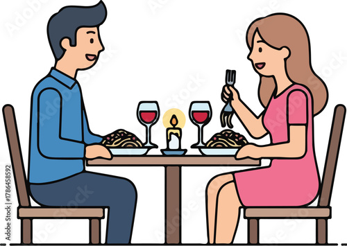 Happy Couple Enjoying Romantic Italian Dinner Date with Wine Illustration