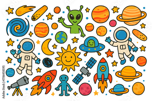 Colorful Space Doodle. Space. Colorful Hand-drawn doodle Children illustration Space planets, stars, rockets, astronauts, aliens, galaxies, comets, meteors,
